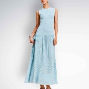 NWT Commense Baby Blue Sleeveless Knit Eyelet Pleated Maxi Sweater Dress Sz Sm